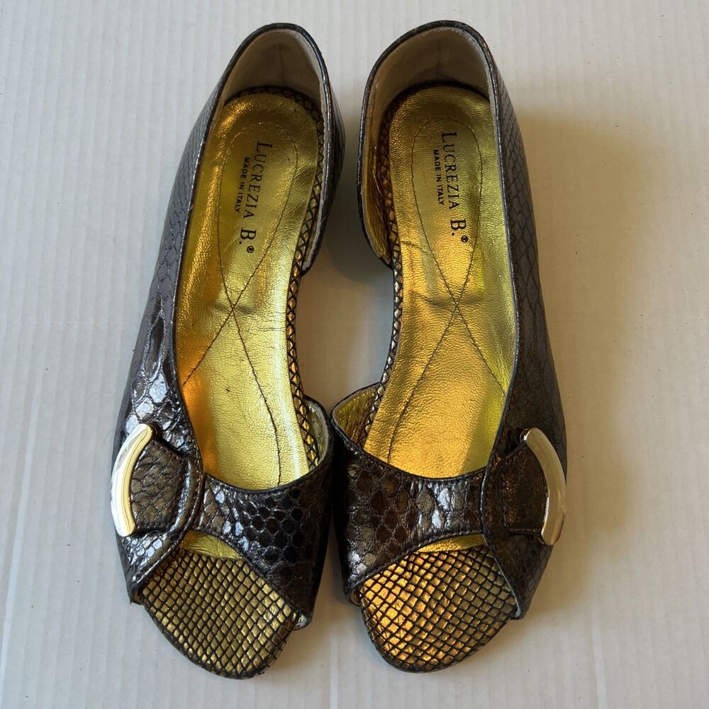Lucrezia B. Sz 37 Brown Gold Flats Made In Italy EXCELLENT